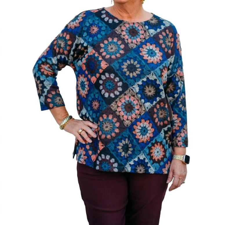 Earthy Tones Dolman 3/4 Sleeve Wide Neck Hatchi Knit Top In Multi