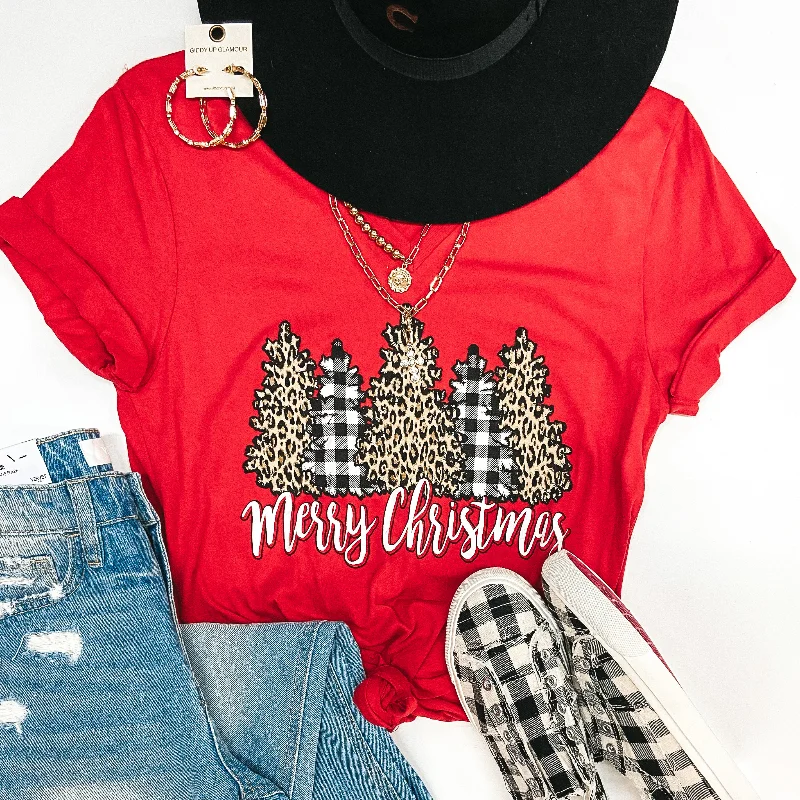 Women's Elegant Garments Last Chance Size Small | Merry Christmas Leopard and Buffalo Plaid Christmas Trees Short Sleeve Graphic Tee in Red