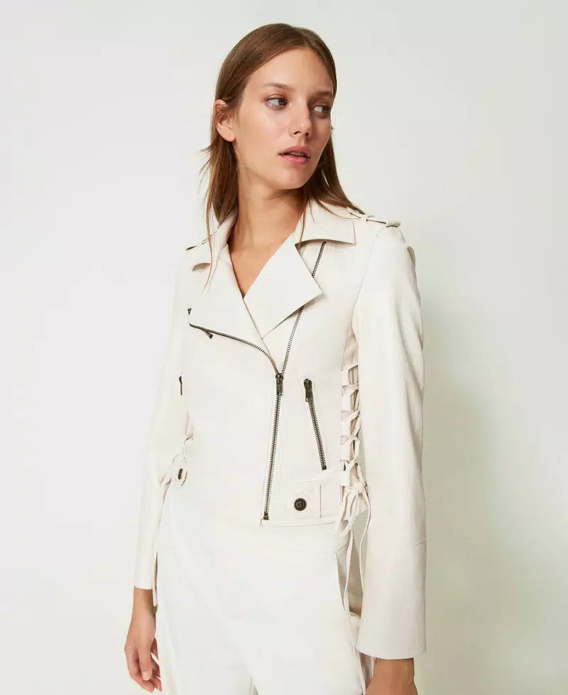 Vintage Women's Fashion Leather-Like Biker Jacket - White Snow