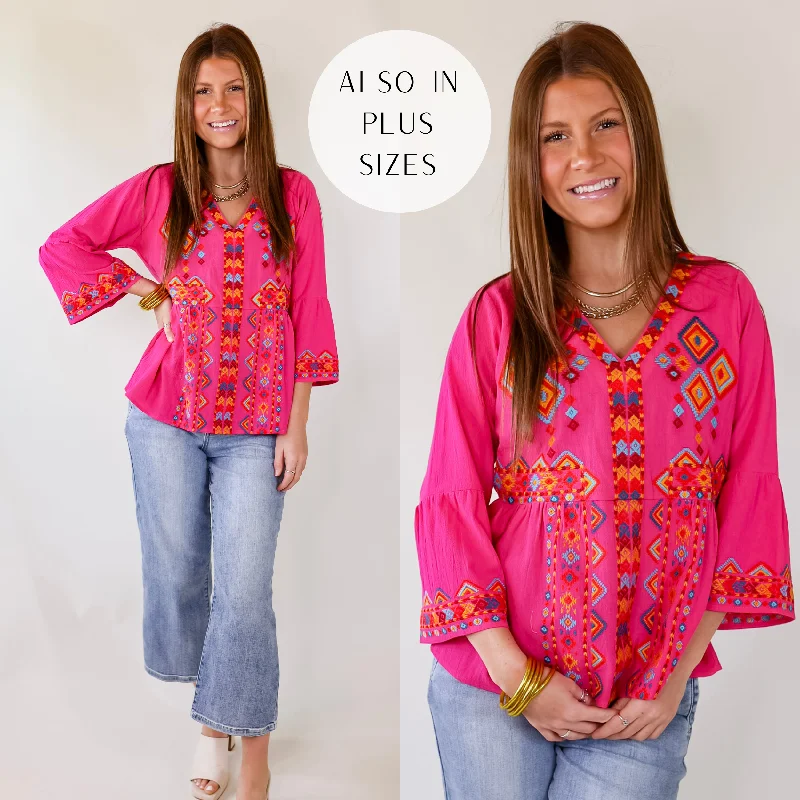 Women's Tailored Outfit The Party Has Arrived 3/4 Sleeve V Neck Top With Embroidered Tribal Print in Pink