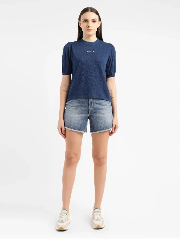 Effortless Chic for Women Women's Brand Logo Indigo Crew Neck Top