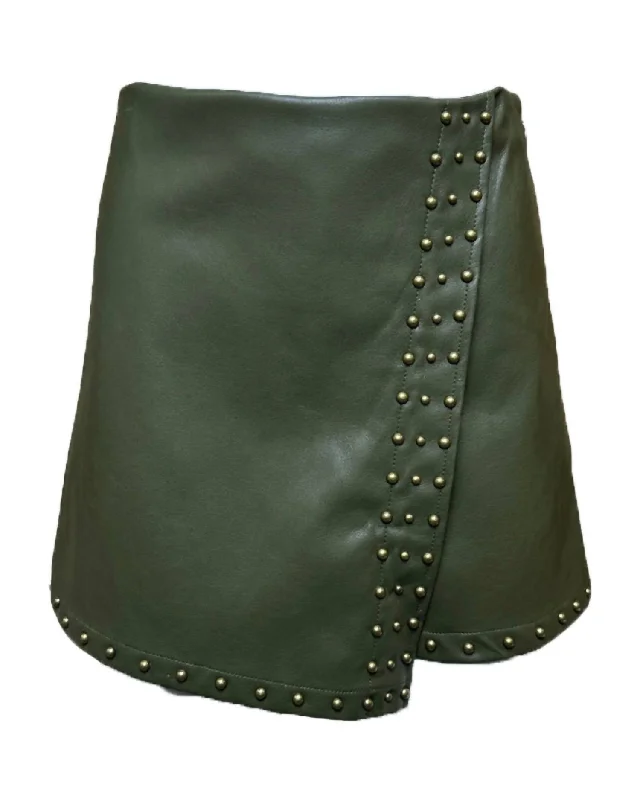 Shop Ladies Clothes Women's Studded Stretch Faux Leather Wrap Skort In Olive