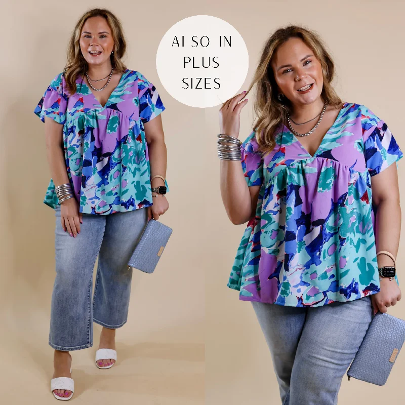 Women's Elegant Formal Outfit You Had Me At Aloha Watercolor Floral Top with V Neckline in Aqua Mix