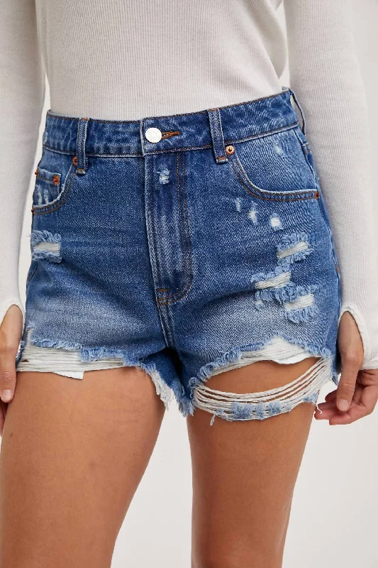 Workwear Fashion for Women High Rise Distressed Denim Shorts In Med.wash