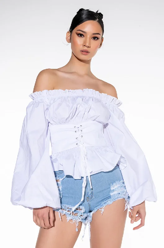 Best Online Boutiques KIYA OFF SHOULDER LACE UP POPLIN BLOUSE