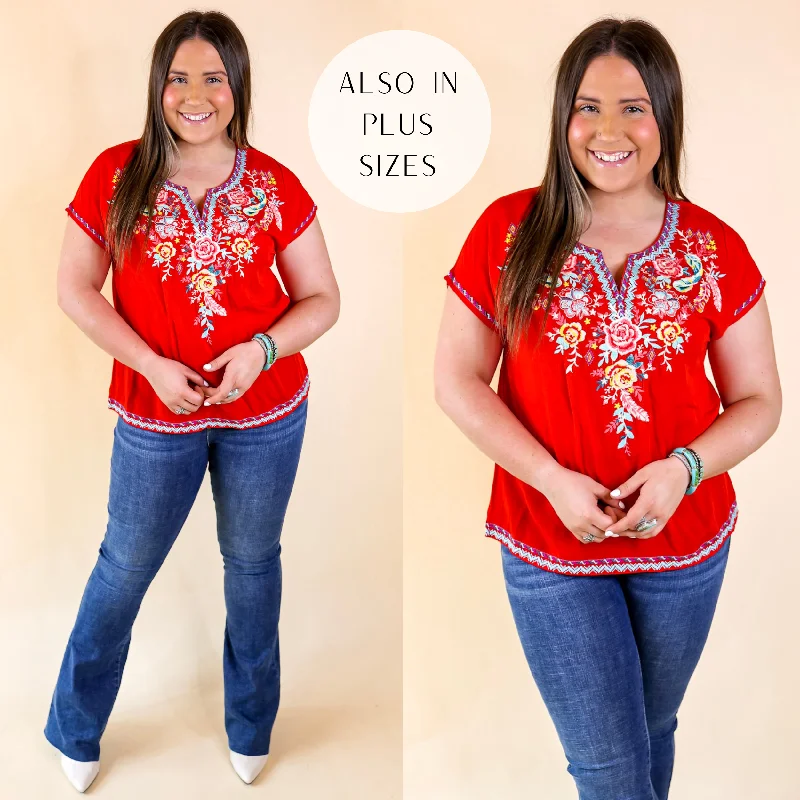 Women's Transitional Attire Desert Bloom Embroidered Short Sleeve Top in Red