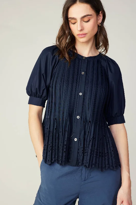 Women Clothes Pleated Eyelet Blouse