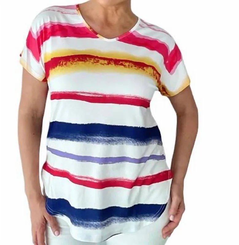 Street Style Fashion Short Sleeve Striped Knit Top In Multicolor