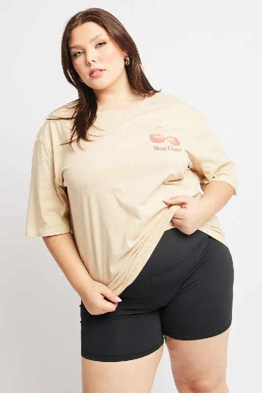 Plus Size Women Wear Beige Graphic T Shirt Short Sleeve Crew Neck