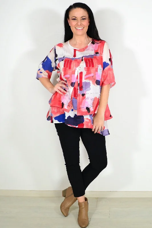 High End Fashion Red Layered Abstract Tunic Top