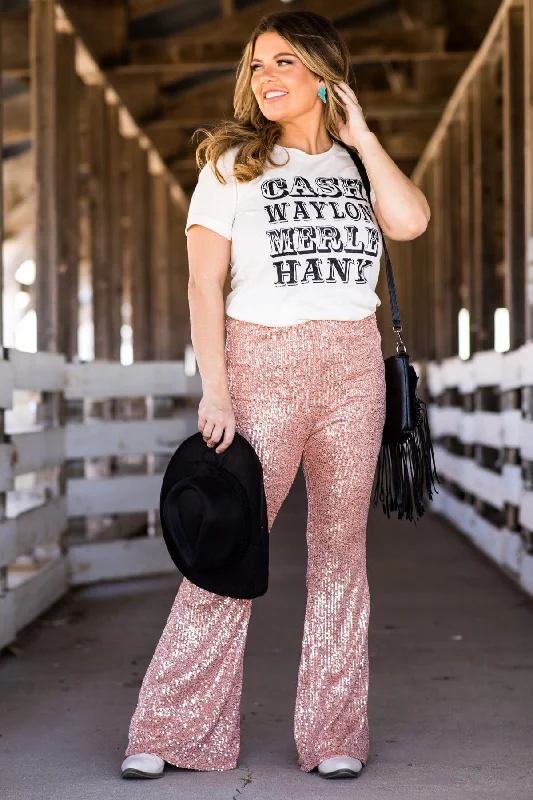 Stylish Women's Apparel Rose Gold Sequin Flare Pants