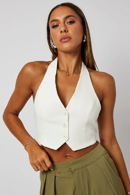 Urban Femme Streetwear White Vest Top Halter Neck Button Top