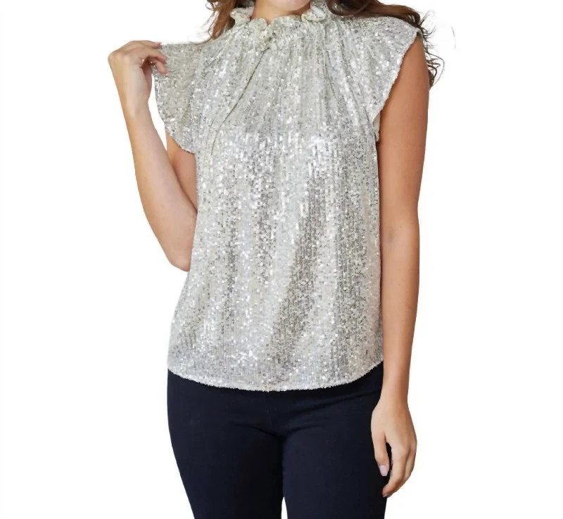 Women's Comfortable Lounge Outfit Sequin Ruffle Neck Top In Silver