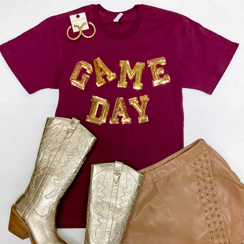 Women's Chic Outfit Gameday Gold Sequin Letter Short Sleeve Graphic Tee in Maroon