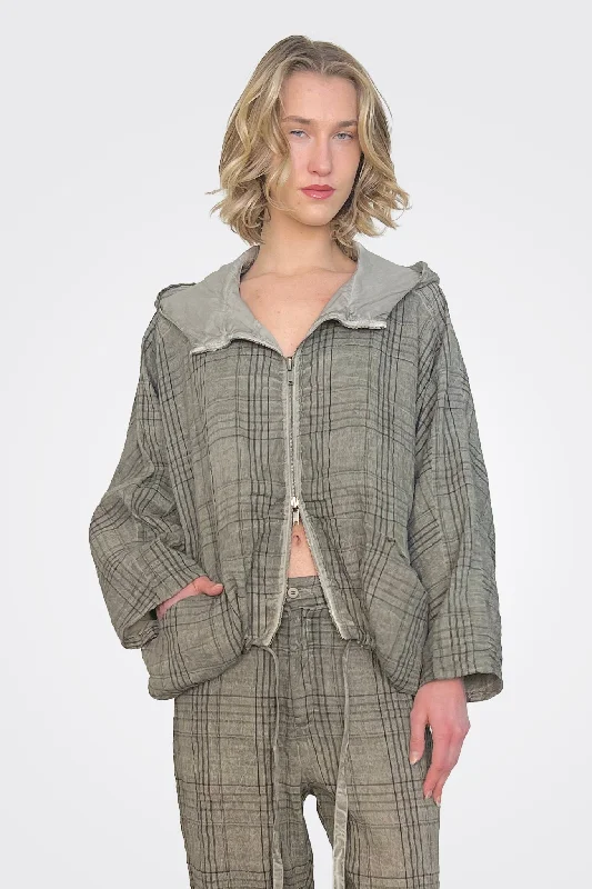 Classic Women's Clothing Styles Plaid Zip Up Hooded Jacket - Grey