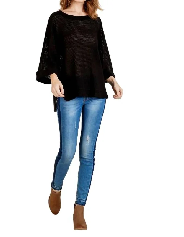 Vibrant Styles High Low 3/4 Sleeve Waffle Knit Top In Black