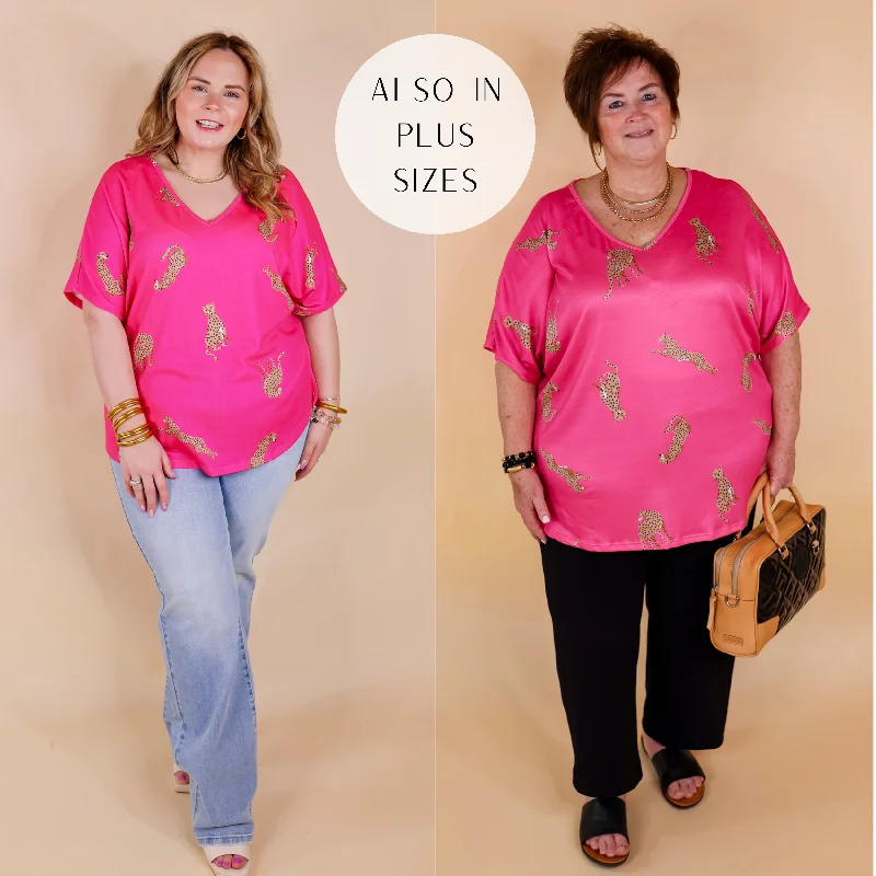 Charming Women's Outfit For Special Occasions Wild Side Cheetah Print V Neck Top with Short Sleeves in Hot Pink