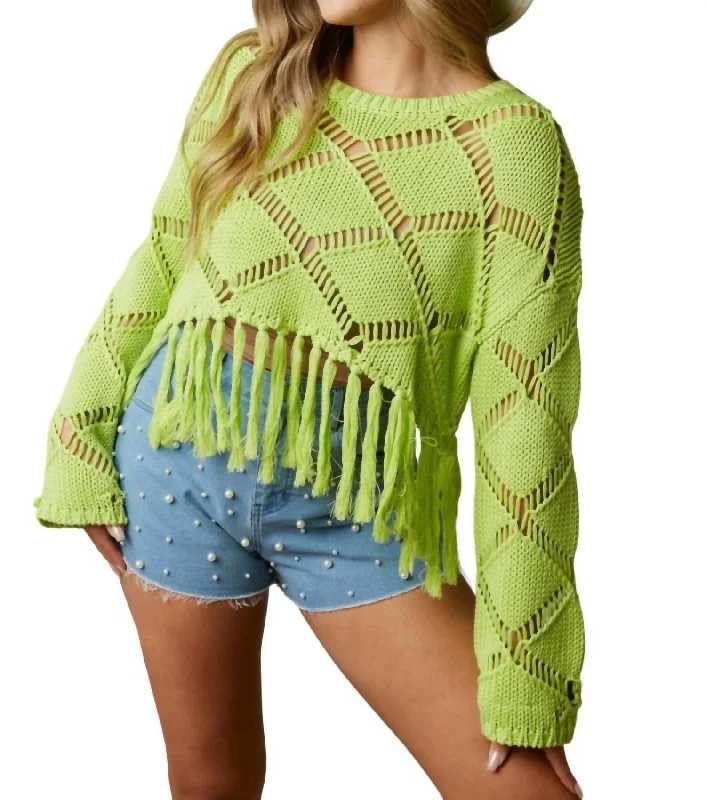 Athleisure Wear Diamond Open-Stitch Knit Top In Lime