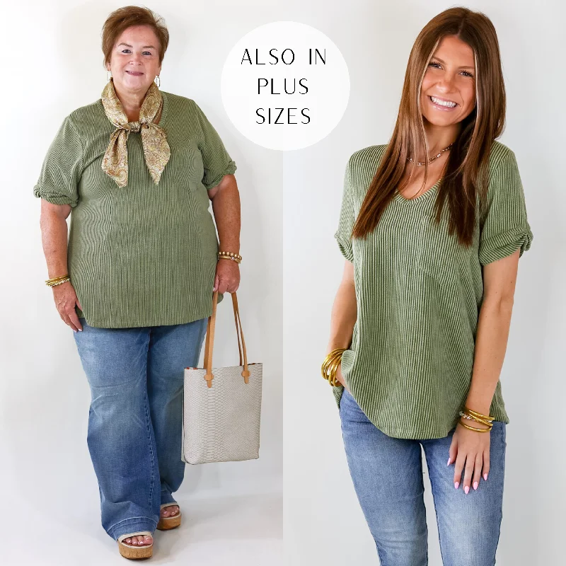 Women's Attire Only True Love Ribbed Short Sleeve Top with Front Pocket in Olive Green