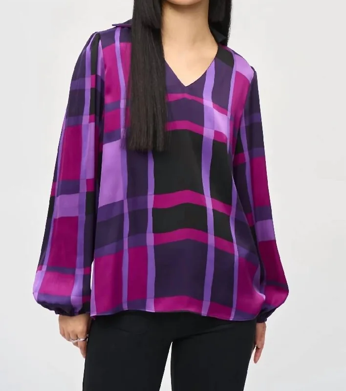 Women's Activewear Garments Satin Abstract Plaid Print Top In Purple Black