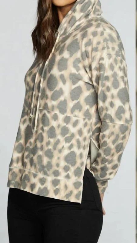 Bold Fashion Chaser Rpet Cozy Knit Hoodie With Side Slits In Jungle Leopard