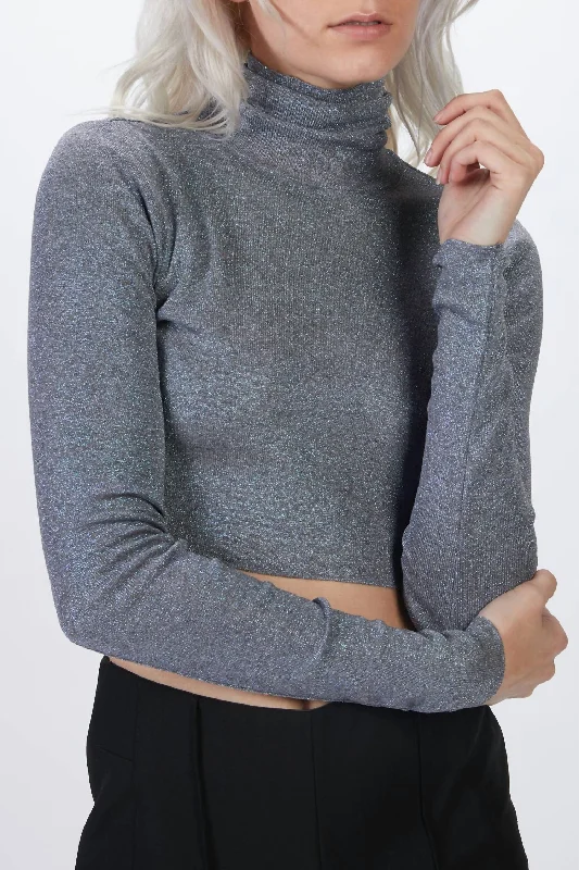 Women Online Clothing Boutiques Crop Turtleneck Knit Top In Grey Blue