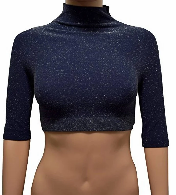 Women's Comfortable Lounge Attire Women Mock Neck Glitter Crop Top In Navy