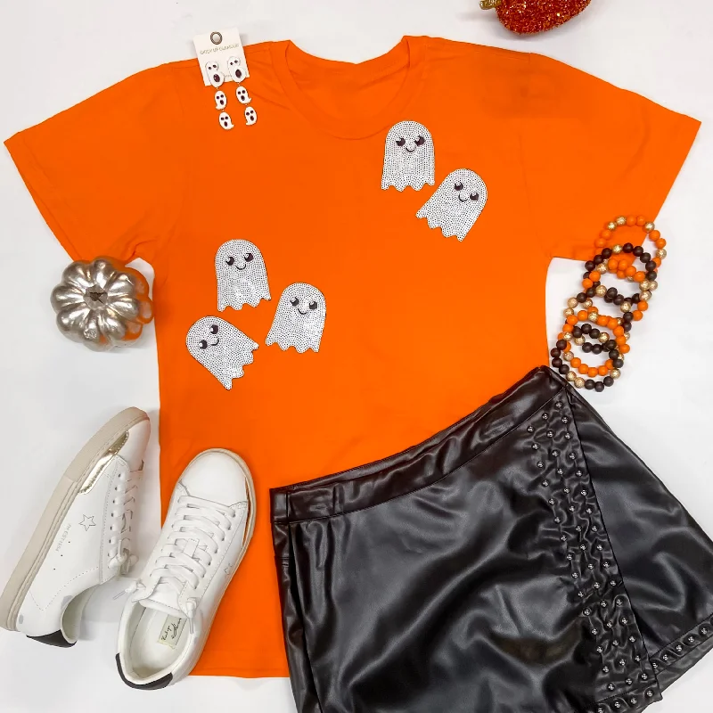 Women's Comfy Loungewear Outfit Not A Scare In The World Sequin Ghost Short Sleeve Graphic Tee in Orange