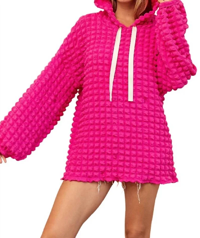 High End Women's Wear Bubble Woven Balloon Sleeves Hoodie In Fuchsia