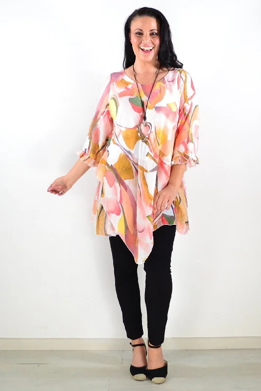 Chic And Comfortable Handkerchief Hem Pink Crinkle Tunic Top