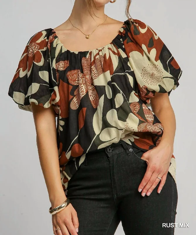 Women's Vintage-Inspired Outfit Print Round Neck Top In Rust