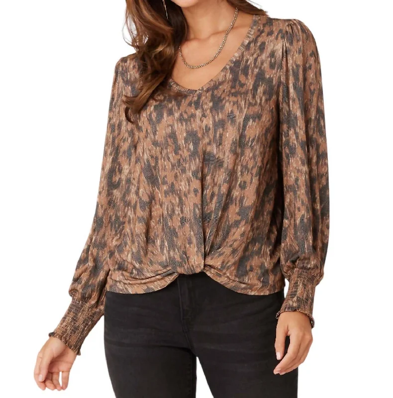 Elegant Clothing Long Blouson Sleeve V-Neck Twisted Hem Printed Knit Top In Camel