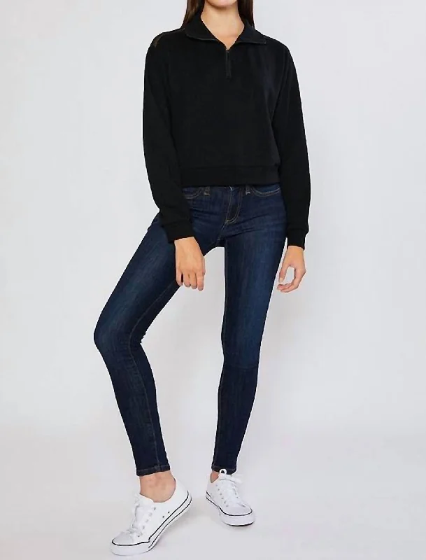 Women's Date Night Outfit Terry Blocked Crop Half Zip Sweatshirt In Black