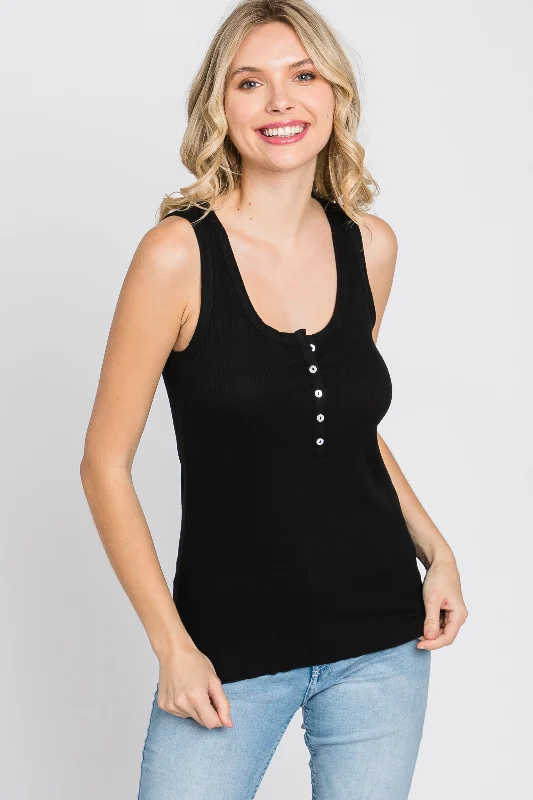 Women's Clothing Sale Online Black Ribbed Button Front Tank Top