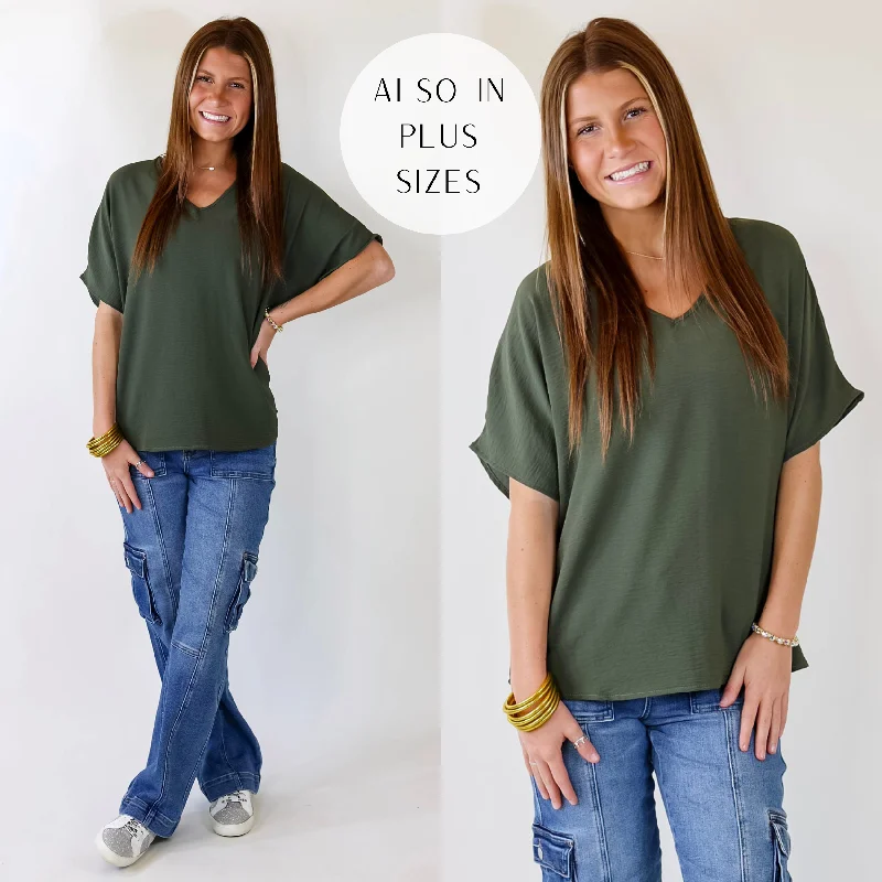 Formal Attire For Women Last Chance Size Small | Lovely Dear V Neck Short Sleeve Solid Top in Olive Green