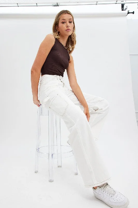 Women's Transitional Outfit White Cargo Jeans Mid Rise