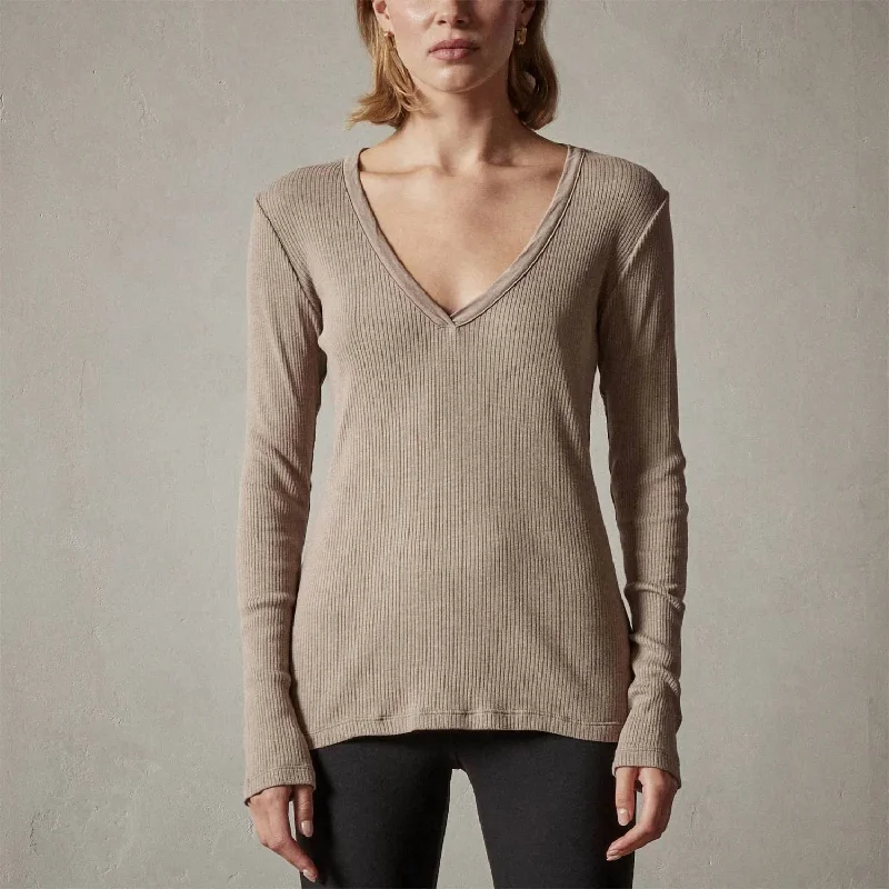 Women's Clothing And Garments Sets Deep V Long Sleeve Rib Top In Fawn