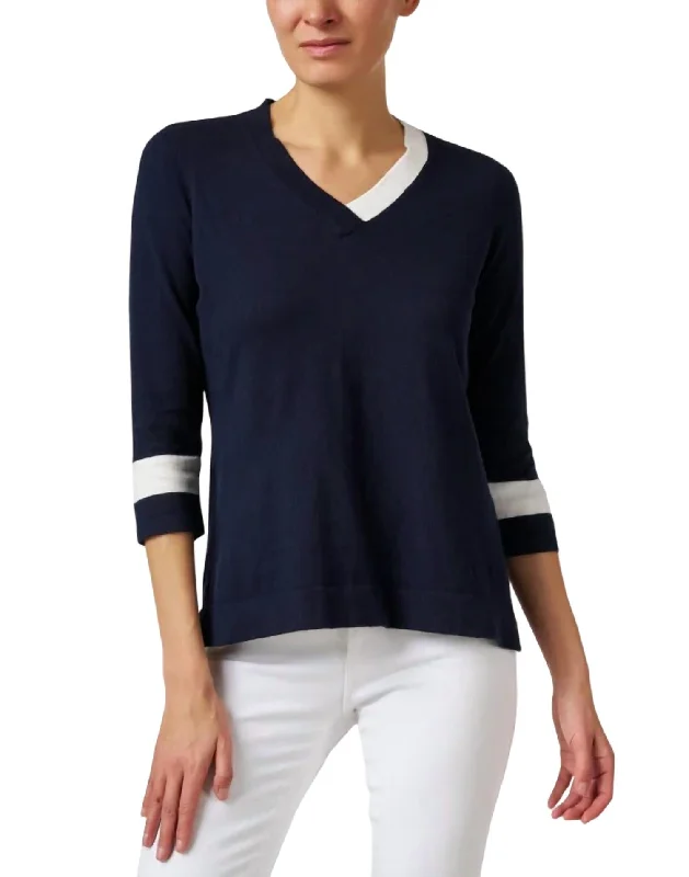 Minimalist Style 3/4 Sleeves Knit Top In Navy/white