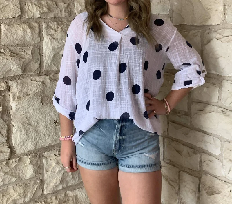 Chic Women's Attire Polka Dot Print V- Neck Top In White/navy