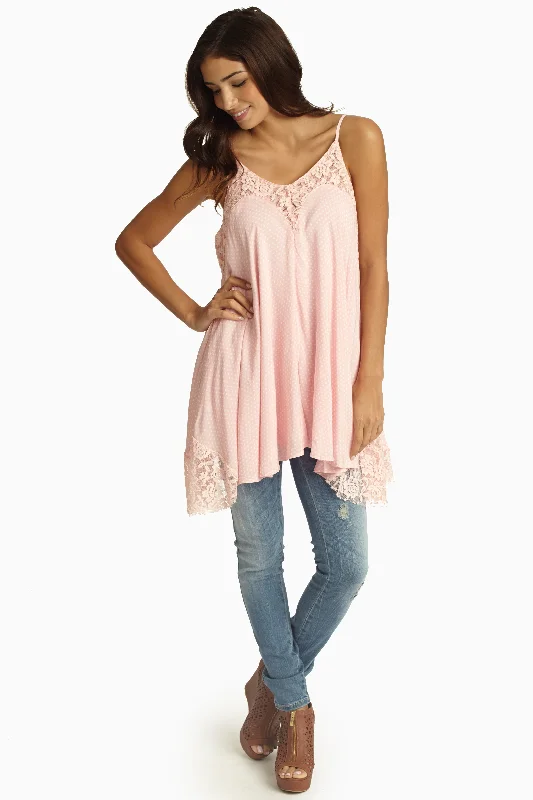 City Fashion Pink Polka Dot Lace Accent Tank Top