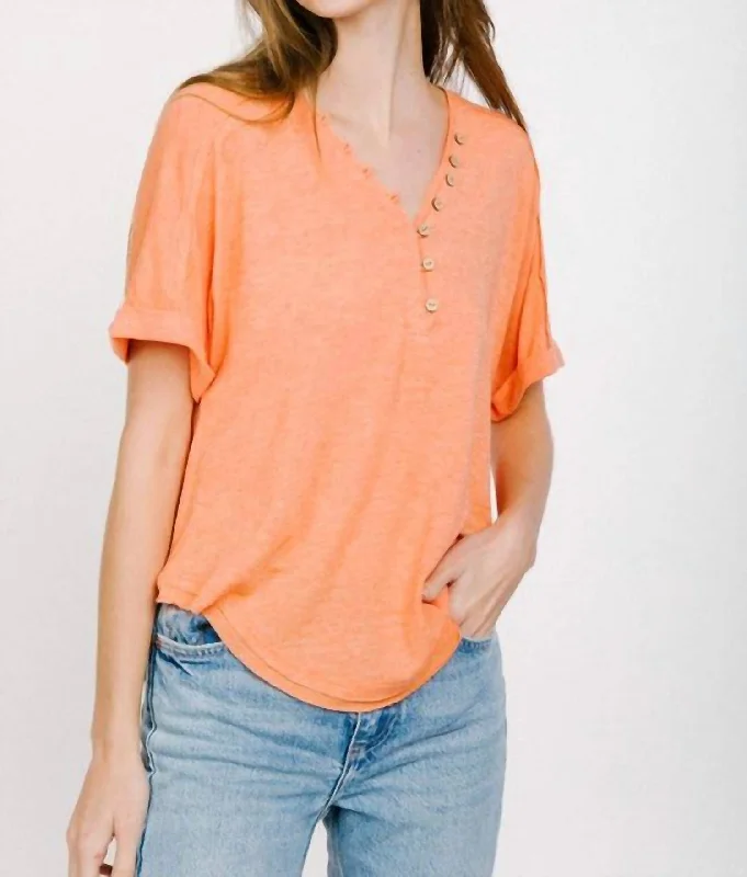 Trendy Street Style Clothing Button Roll Up Sleeve Knit Top In Orange