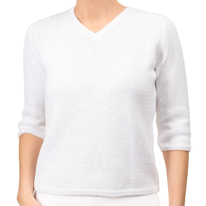 Fashion-forward Women's Clothing V Neck Cotton Pullover in White