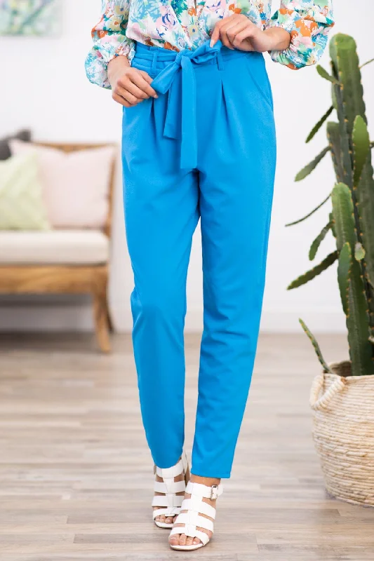 Latest Trends Sky Blue Tie Waist Pleat Dress Pants