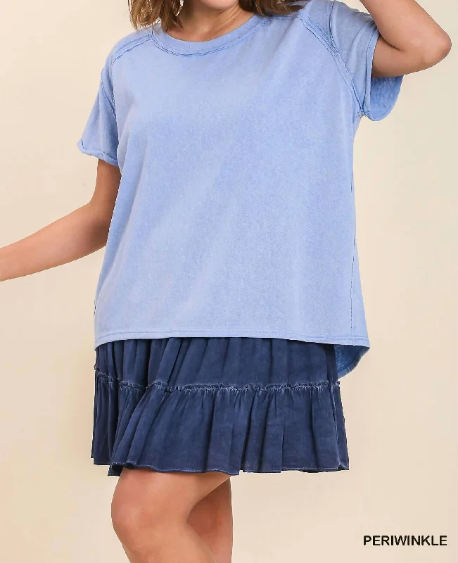 Women's Resort Attire Umgee Mineral Wash Linen Blend Round Neck Short Sleeve T-Shirt In Periwinkle