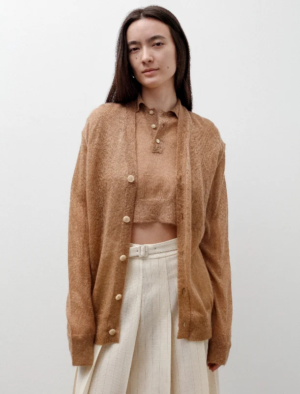 Women's Classic Outfit Kid Mohair Sheer Knit Cardigan Camel