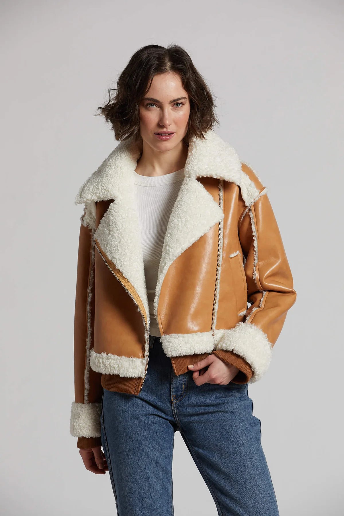 Women's Vintage Attire Clayton Faux Shearling Moto Jacket - Camel