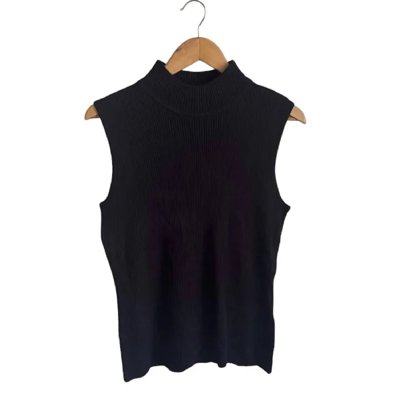 Save Big Women's Ribbed Sleeveless Mock Neck Knit Top In Black