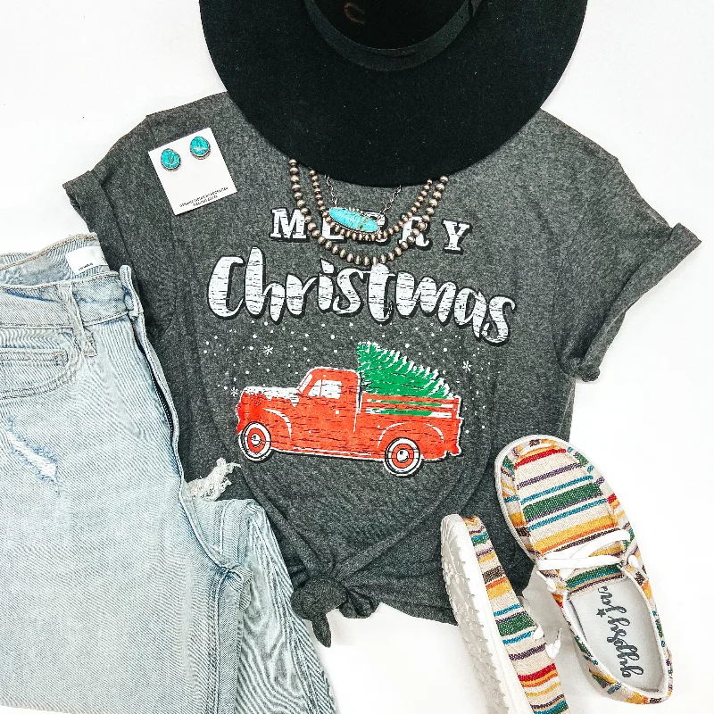 Chic Women's Garments Last Chance Size Small & Large | Merry Christmas Pick Up Truck Short Sleeve Graphic Tee in Charcoal Heather Grey