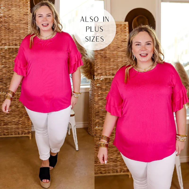 Stylish Women's Garments Set The Standard Solid Short Sleeve Top with Ruffled Sleeves in Fuchsia Pink