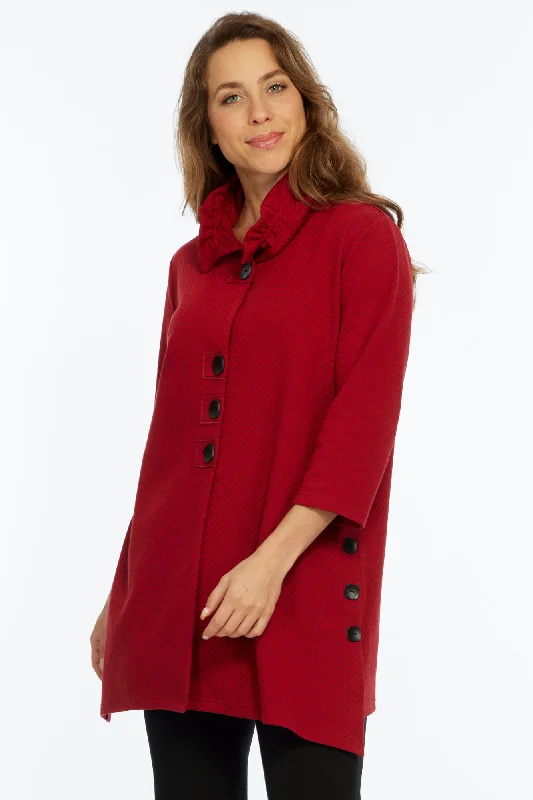 Women's Trendy Outfits LIOR Women's Red Ruffle Neck Long Button Up Jacket - "Kayla"